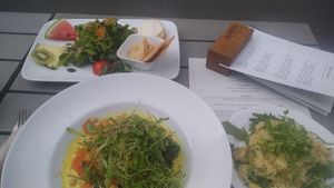 Burger patty under the salad, on top of curry. Served with couscous and a salad with bread, crackers and spreads. at Velo Heilbronn in Heilbronn