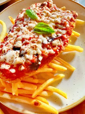 Vegan Parmigiana & Fries  at Andiamo in Chippendale