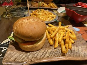Vegan burger and Cajun fries   at Frida Cafe in Izmir