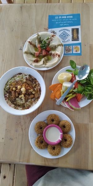 Houmous, chickpeas, salad and falafel at Cevhere Lokantası in Sanliurfa