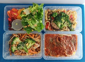 Vegan Bolognese Pasta, Vegan Tomato Aglio E Olio, Vegan Kung Pao Pasta and Berries & Tomatoes Balsalmic Salad (w/o honey) at Projuice in Manila