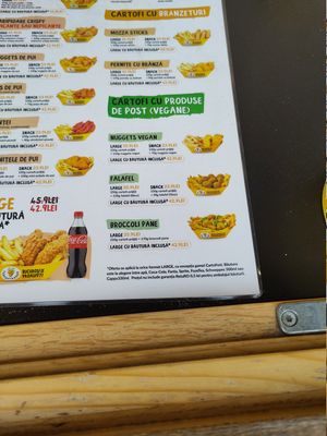 Vegan section of menu showing "Nuggets Vegan", "Falafel", and "Broccoli Pane" at Cartofisserie in Brasov