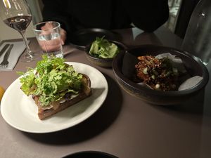 Cornbread with pickled eggplant and cashew feta with Korean Souls fried mushroom!  at Beyla in Copenhagen