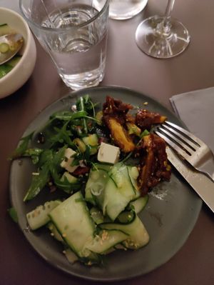 Chili coated mushrooms, with silky cheese at Beyla in Copenhagen