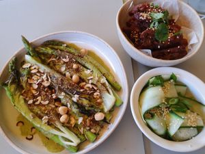 Starters:  fried oyster-mushrooms and asparagus with little gem at Beyla in Copenhagen