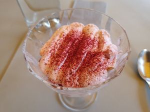 dessert: rhubarb sponge cake with strawberries at Beyla in Copenhagen