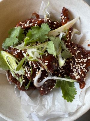 Crispy oyster mushrooms in gochujiang —highly recommend!  at Beyla in Copenhagen