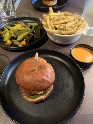 Pickled peppers, seasoned fries and sliders  at Beyla in Copenhagen