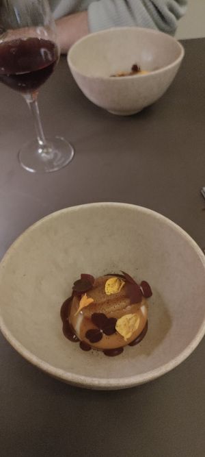 Dessert - shortbread biscuit with vanilla cream, caramel & apples. at Beyla in Copenhagen