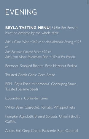 Evening menu  at Beyla in Copenhagen
