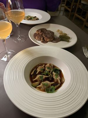 Pumpkin Agnolotti. Brussel Sprouts. Umami Broth plus Lions main mushroom  at Beyla in Copenhagen