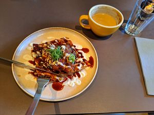 Mushroom waffle and a latte at Beyla in Copenhagen