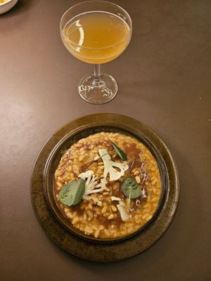 Truffle risotto with cauliflower and roasted pine nuts at Beyla in Copenhagen