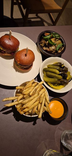 pickles, miniburger, artichokes, reaaly tasty fries at Beyla in Copenhagen