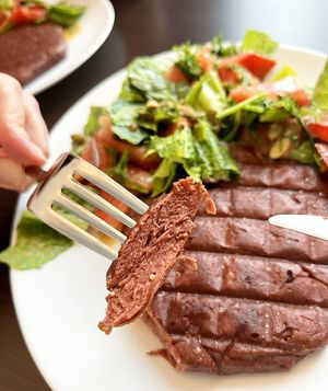 Bought the frozen vegan steak "Meatless" at EcoJan, and here is the cooked one. Rather good! at Eco Jan in Yerevan