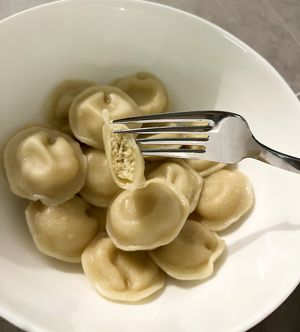 Vegan "salmon" dumplings (boiled), very nice stuffing, flavour is really like fish! at Eco Jan in Yerevan