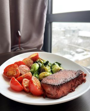 Bought the frozen vegan "marbled" steak in Eco Jan and roasted it. Was sooo good with fried bok choy greens and fresh cherry sprinkled with nooch at Eco Jan in Yerevan