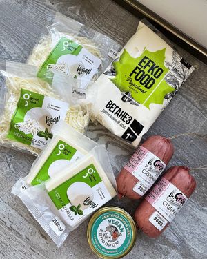 Everything's vegan: mayo, cheeses, sausages and red caviar. at Eco Jan in Yerevan