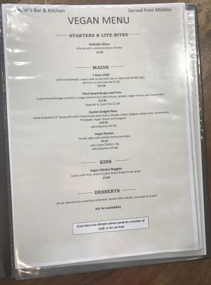 Vegan menu  at Taylor's Bar and Kitchen in Scarborough