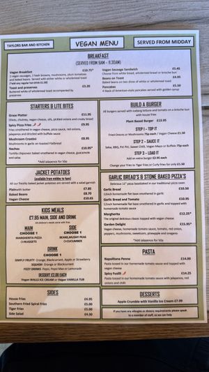 Vegan menu  at Taylor's Bar and Kitchen in Scarborough