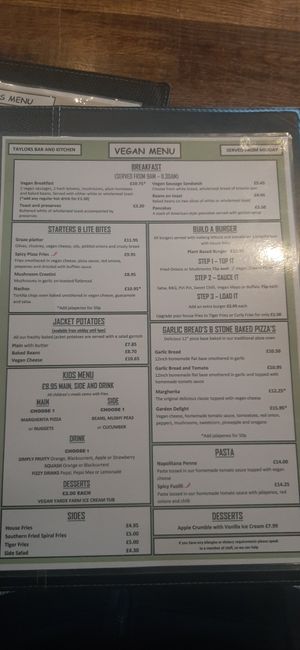 Menu current August 2025 at Taylor's Bar and Kitchen in Scarborough