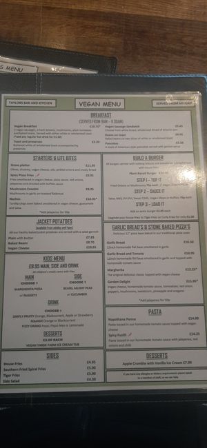 Menu current August 2025 at Taylor's Bar and Kitchen in Scarborough