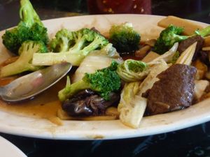 Broccoli & 'beef' at Quan Yin in Houston