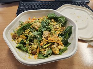 Build your own warm bowl (spinach, rice, sweet potato, carrots, spring onion, tofu, satay sauce) at Sprout & Co - Dawson St in Dublin