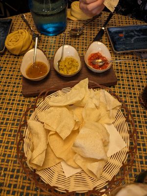 Papadums, pickles and chutneys at Chaat Haus in Bedford