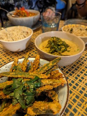 Bhindi (Okra) kurkuri, south Indian dhaal with spinach Pakoras (sides), and rice at Chaat Haus in Bedford