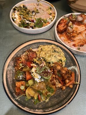 Kale and Potato chaat; Manchurian chaat; my plate stacked with a little bit of everything (including dal, chickpeas and a lovely South Indian okra, potato and aubergine curry)   at Chaat Haus in Bedford