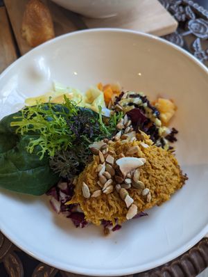 Carrot pate with sunflower seeds and autumn vegetables at Le Sain Bol in Montreal