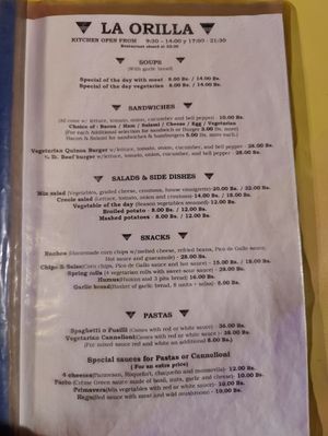 Menu-page 1 at La Orilla in Copacabana