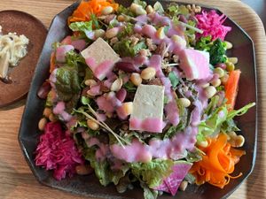 #4 salad without egg plus tofu and beans, ruby dressing, and a complimentary side of mushrooms at Vege Labo Goodday in Hirosaki