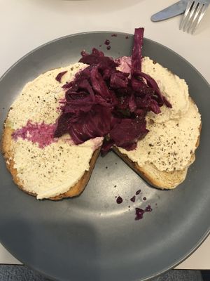 Houmous and red cabbage sourdough   at Love Brownies in Harrogate
