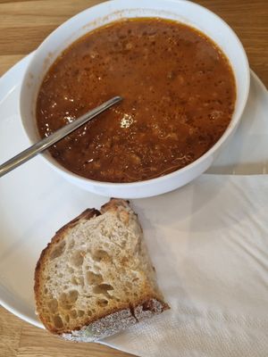 Soup of the day. Tomato and lentil. at Blend Organics Ware in Hertford