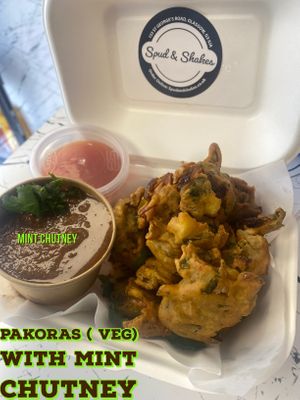 Vegetable pakora with organic home made mint chutney  at Spud & Shakes in Glasgow