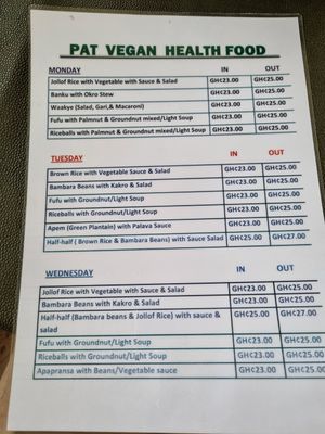 Menu at Pat's Vegetarian Health Food Center in Accra