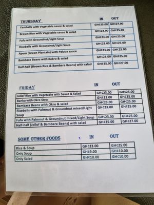 Menu at Pat's Vegetarian Health Food Center in Accra