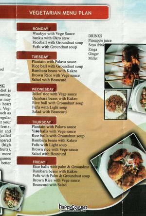 menu at Pat's Vegetarian Health Food Center in Accra