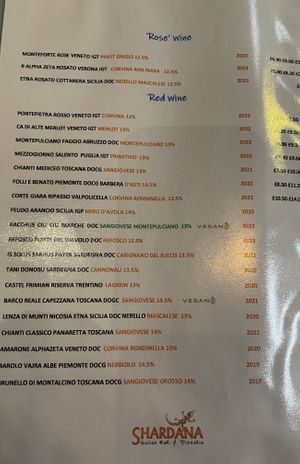 Vegan wines marked clearly  at Shardana in Guildford