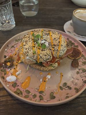 Vegan loaded bagel   at Harrow and Harvest Cafe in Lilydale
