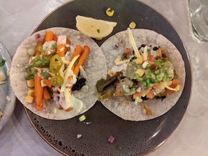 Tacos (1× sauteed veg, 1× sweet potato) at Tres Mexican in Seaford