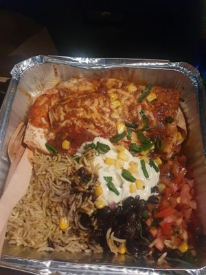 Vegan enchilada - comes with side of rice, black beans and salsa. Well worth your $$$ at Tres Mexican in Seaford