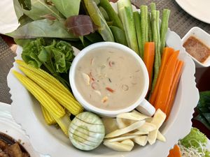 Fresh vegetables with Lhon (coconut dip)  at Ruan Mae Lui Vegetarian เรือนแม่หลุยมังสวิรัติ in Bangkok