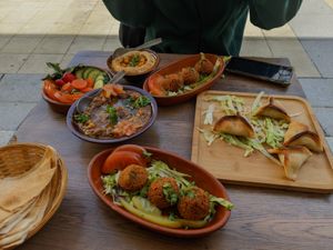 Falafel + foul madam + hummus + fatayer at Falafel & Veg in Caen
