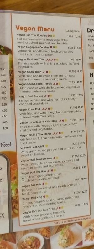 Extensive vegan section of the menu at LANA in Killarney