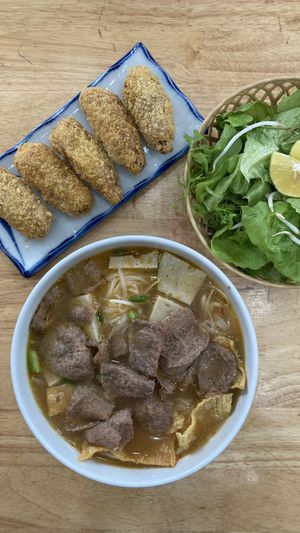 Hue noodle soup and vegan KFC!  at Nhà Hàng Chay Hoa Lư - Loving Hut in Ninh Binh