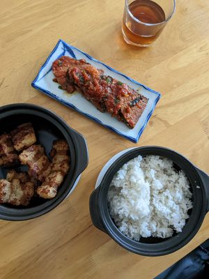 Frief bacon and fish with rice at Nhà Hàng Chay Hoa Lư - Loving Hut in Ninh Binh
