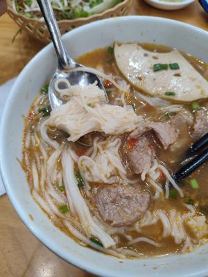 Hue noodle soup - the noodles were all stuck together in bulk at Nhà Hàng Chay Hoa Lư - Loving Hut in Ninh Binh